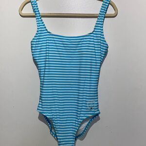 Tommy Hilfiger Women's Blue White Stripe Textured One Piece Swimwear Size 12